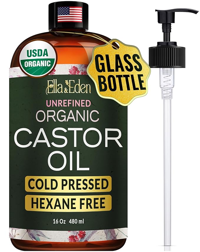 Ella & Eden USDA Organic Castor Oil – Cold Pressed Hexane-Free - Glass Bottle - For Hair Growth, Face, Eyelash, Skin, Stomach - 100% Pure Unrefined 16 Fl Oz