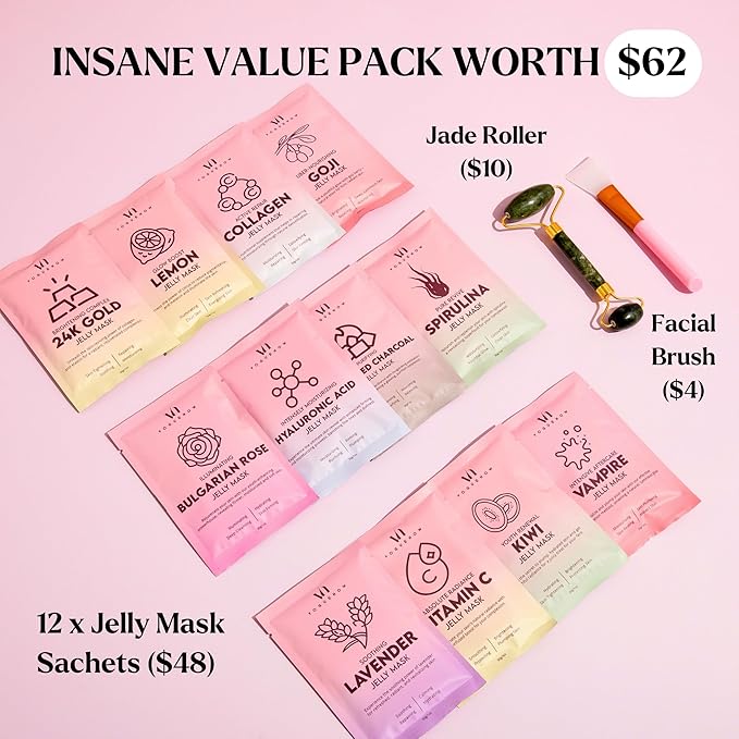 Jelly Mask for Facials - 12 Flavors Hydrating & Brightening Jelly Face Masks | Free Jade Roller & Spatula |Bulgarian Rose Lavender Hyaluronic Acid 24K Gold | Christmas Gifts for Women, Gifts for Women