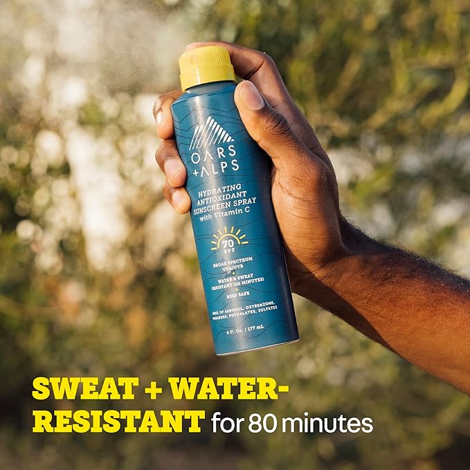 Oars + Alps Sunscreen Spray for Face & Body Spray Sunscreen Infused with Vitamin C & Antioxidants, No White Residue, Water & Sweat Resistant, All Skin Types, Lightweight, Hydrating, SPF 70, 6 Oz, 2pk