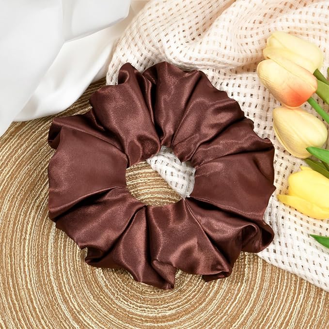 CEELGON Chocolate Big Satin Scrunchie6.5 Inches Jumbo Scrunchies Silky Hair Ties Oversized Ponytail Holderfor Thick Curly Hair Extra Large Hair Accessories for Women (Chocolate)