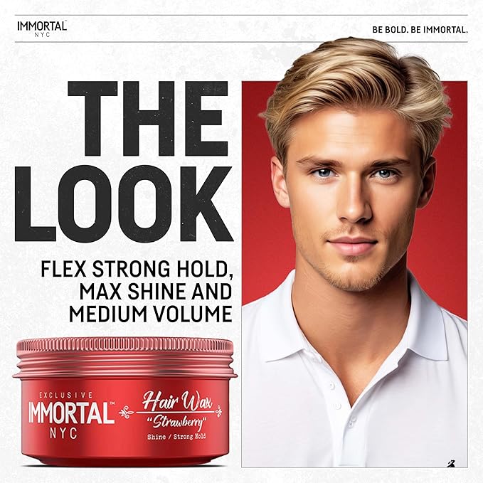 Immortal NYC Strawberry Hair Wax - 8 out of 9 Holding Ability, Max Shine - All Natural Water-Based Hair Wax for Men - No Residue, All Hair Types