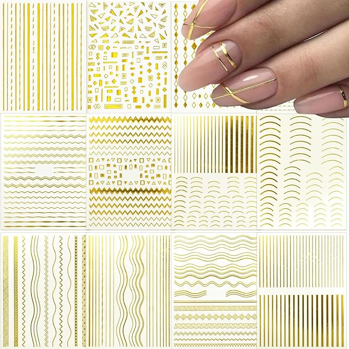 12 Sheets Gold Line Nail Stickers Decals 3D Self Adhesive Nail Decals French Nail Art Sticker Gold Wave Stripe Nail Supplies Accessories for or Women Manicure Tip