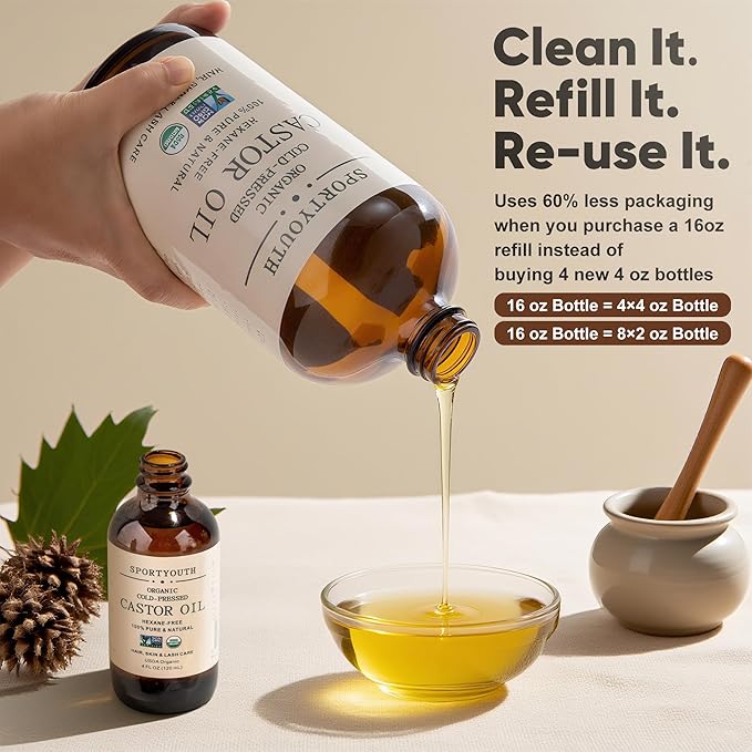 SPORTYOUTH Castor Oil Organic, Cold Pressed, Hexane Free, USDA Certified 100% Pure Glass Bottle 16oz Non-GMO Unrefined Carrier Oil for Hair Growth, Face, Castor Oil Pack, Eyelashes, Brows, Skin