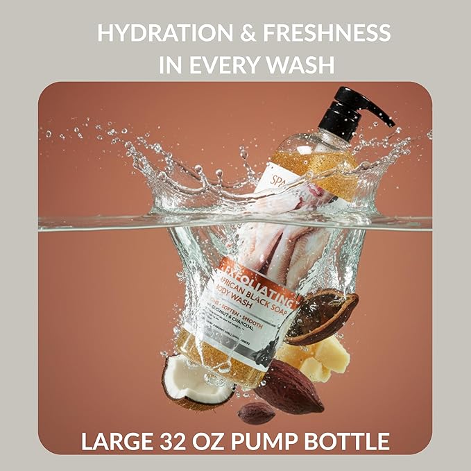 SpaScriptions Exfoliating African Black Soap Body Wash - 33 oz Charcoal & Coconut Scented Body Scrub with Coffee & Walnut Shell Exfoliants, Gentle Cleansing Body Wash for All Skin Types, Paraben Free