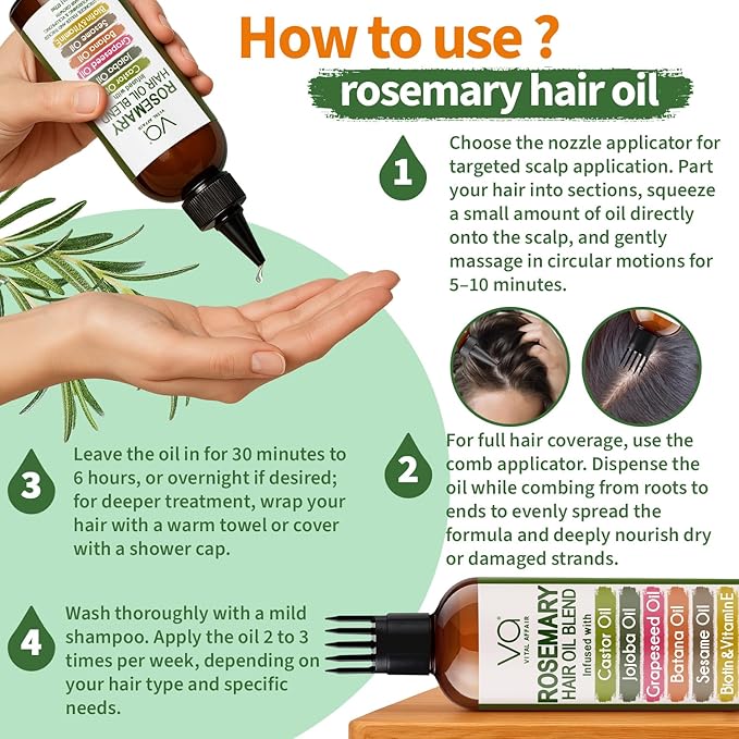 VITAL AFFAIR Blend Of Pure Rosemary Oil For Hair Growth With Castor, Batana, Jojoba Oil-Infused With Biotin & Vitamin E-Blend of Effective Hair Oils for Hair Growth-Strengthening Treatment 6 Fl Oz