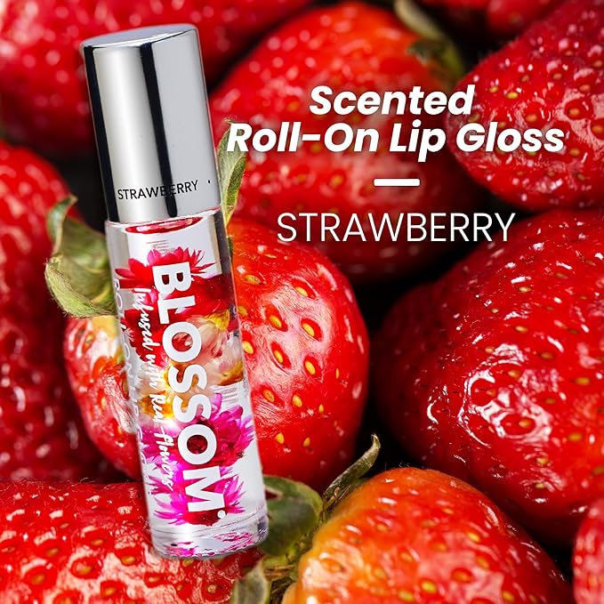 Blossom Roll on Lip Gloss, Scented Clear High Shine Moisturizing Lip Oil, Non Sticky, Infused with Real Flowers, Made in USA, 0.2oz, Strawberry