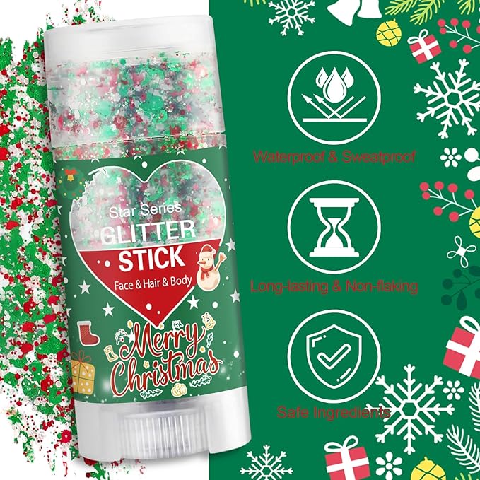 Christmas Body Glitter Stick, Waterproof Halloween Face Glitter Gel, Chunky Glitter Face Paint, Green Red White Sequin Hair Glitter Makeup for Women and Kid (Green Red White)