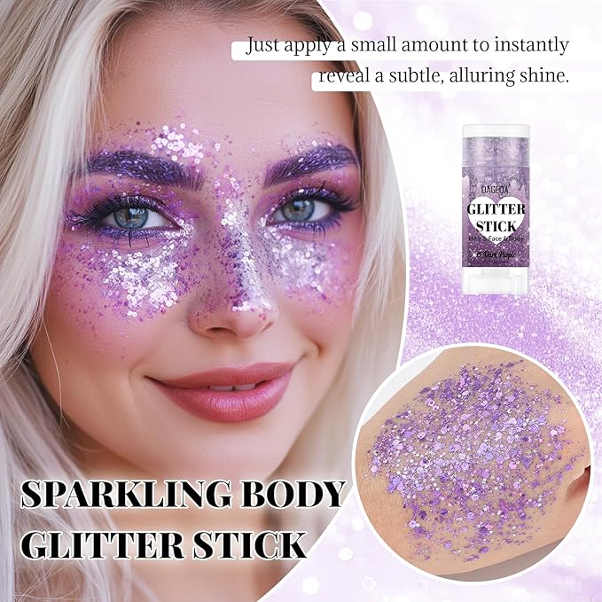 DAGEDA Dark Purple Body Glitter Stick,Sparkly Face Glitter Makeup,Holographic Hair Glitters Mermaid Makeup Rave Outfits for Women, Shimmer Face Paint Stick Singer Concert Accessories