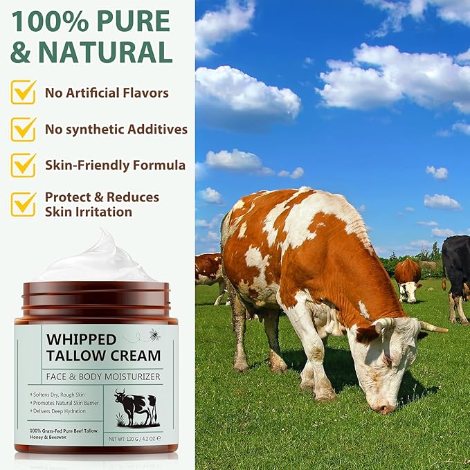Beef Tallow for Skin, Beef Tallow Moisturizer, 8.4 oz Organic Whipped Grass Fed Beef Tallow with Honey Cream for Face & Body, Unscented