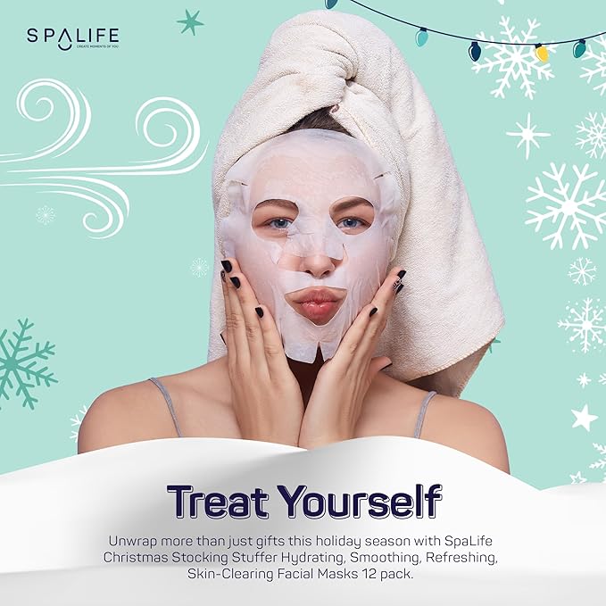 SpaLife Beauty Stocking Stuffers Christmas Face Mask Bundle | Korean Facial Masks | Hydrating, Smoothing, Refreshing and Clarifying Sheet Mask Set | Christmas Stocking Stuffers for Women | 12 Pack
