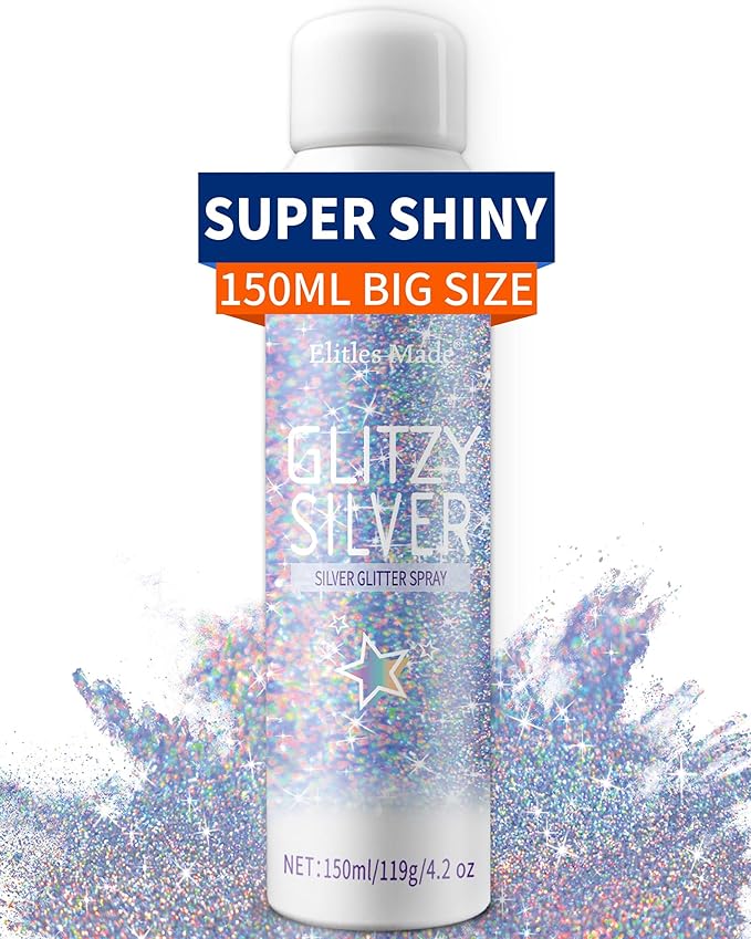 Hair Glitter Body Glitter Spray, 150ML Glitter Hairspray Holographic Silver Glitter Spray for Hair and Body, Hair Glitter for Kids Women, Body Shimmer Festival Makeup 4.2 Fl Oz