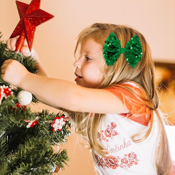 Velvet Sequin Hair Bows Elegant Green Bow for Women Girls, 4in Glitter Handmade Hair Clips Alligator Clips Sparkly Ponytail Holder Hair Accessories for Christmas, Birthday Party, Wedding, Valentines