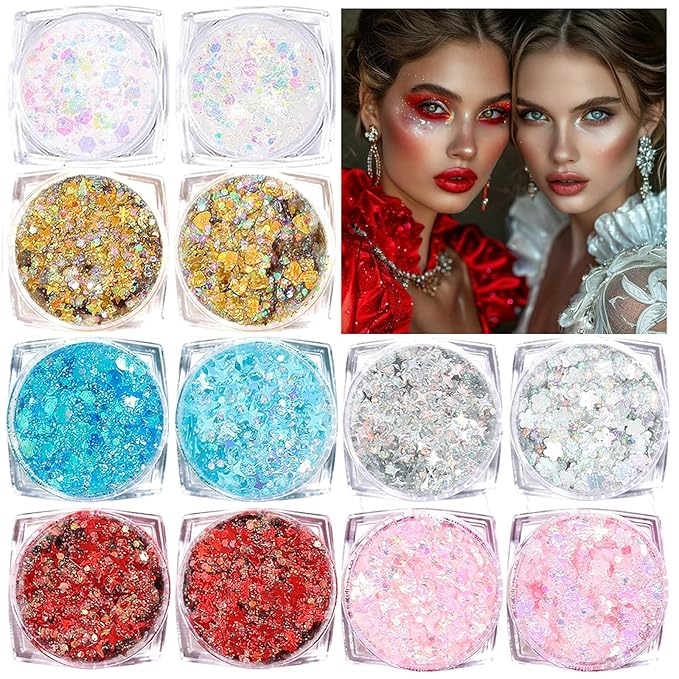 Body Glitter Face Glitter, Hair Glitter for Kids, 12 Shapes Fine Chunky Glitter Gel for Women Girls Makeup Sparkles Party Mermaid Sequins Rave Accessories Festival (White-Gold-Pink-Silver-Blue-Red)