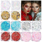 Body Glitter Face Glitter, Hair Glitter for Kids, 12 Shapes Fine Chunky Glitter Gel for Women Girls Makeup Sparkles Party Mermaid Sequins Rave Accessories Festival (White-Gold-Pink-Silver-Blue-Red)