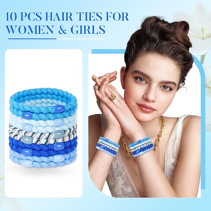 Hair Ties No Damage - 10PCS Ponytail Holders - Elastic Hair Ties for Thick Hair - Braided Hair Bands for Women Girls's Hair (21.Blue Sky2)
