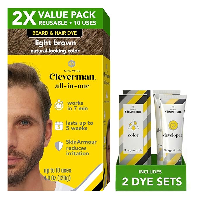 2X Pack Cleverman Hair & Beard Dye Kit for Men, All-in-One Reusable Mens Hair Color, Natural Gray Coverage, Ammonia-Free Beard Mustache Dye for Men (Light Brown)