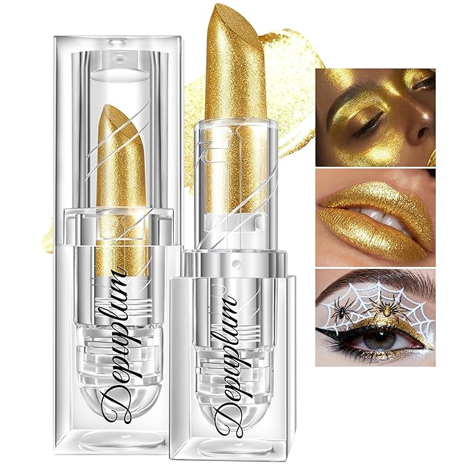 Halloween Gold Lipstick Shimmer Body Painting Stick for Women Waterproof Long Lasting Lip Stick Gothic Zombie Vampire Lip Makeup Cosplay Cruelty Free Lipstick, Shimmer Gold