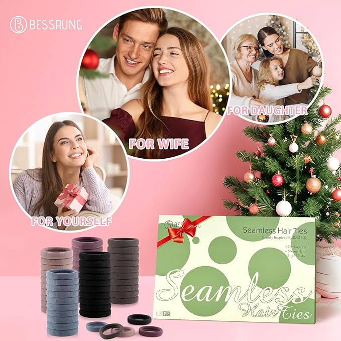 100 Pcs Thick Seamless Hair Ties, Ponytail Holders Hair Accessories No Damage for Thick Hair, Valentine's Day Christmas Gift (Natural Colors)