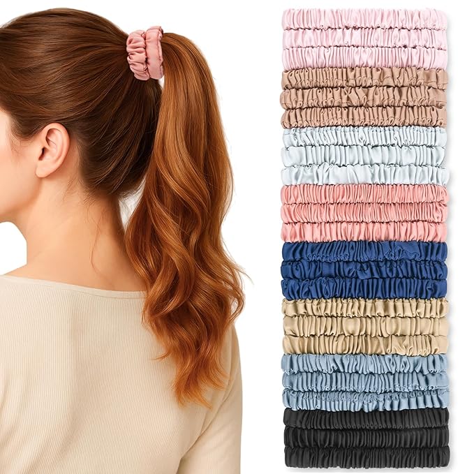 24 Pack Silky Soft Hair Ties, Silk-Like Skinny Scrunchies No Damage Elastic Ponytail Holders for Curly, Thick or Thin Hair, Women and Girls
