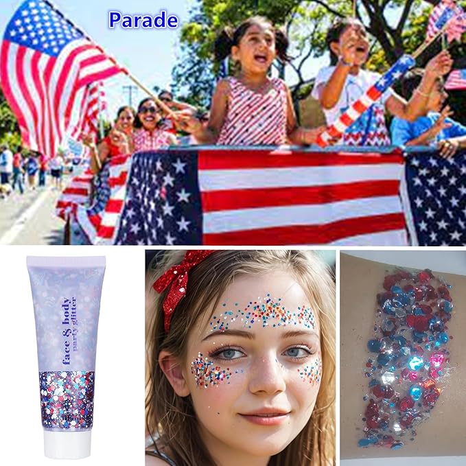 Go Ho Red White and Blue Body Glitter,Patriotic Pride Face Glitter Gel,4th of July Outfits for Women Reflective Glitters Makeup,Holographic Long Lasting Chunky Sequins,Fourth of July USA Accessories