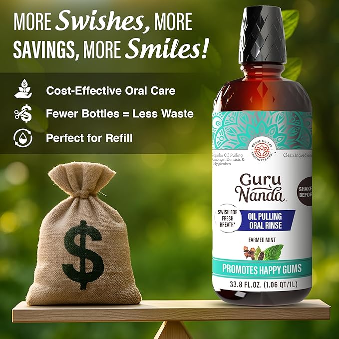 GuruNanda CocoMint Oil Pulling Mouthwash for Complete Oral Hygiene, 7 Essential Oils & Vitamins for Happy Teeth & Gums & Fresh Breath, Alcohol-Free, 33.8 Fl Oz/1L