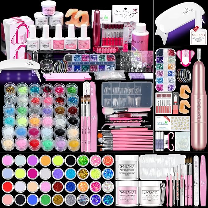 SAVILAND Acrylic Nail Kit with Drill: Nail Kit for Beginners with Everything Professional All-In-1 Acrylic set Gel Polish U V Light Full Tools DIY Salon Home Gift Set