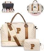 Initial Duffle Bag With Shoe Compartment - Personalized Weekender, Monogram Overnight Travel Bag With Makeup Bag - Gifts for Grandma, Daughter, Friend (Letter P)