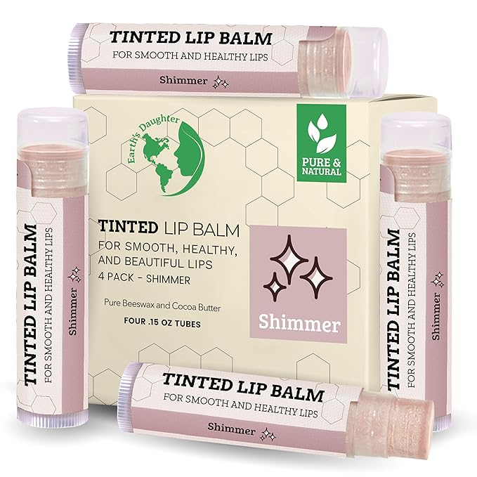 Earth's Daughter Tinted Lip Balm Shimmer Stocking Stuffers 4 Pack, Beeswax, Coconut Oil, Cocoa Butter, Vitamin E, Moisturize and Beautify, Paraben Free