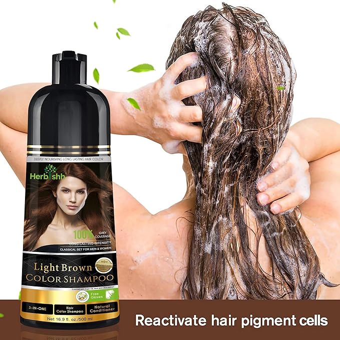Herbishh 3-In-1 Magic Hair Dye Shampoo for Gray Hair - Light Brown, 500 Ml, Ammonia-Free, Long Lasting, Colors Hair in Minutes,Unisex