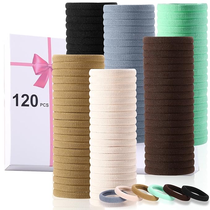 LuSeren 120 Pcs No Damage Hair Ties for Thick Hair, Large Soft Seamless Nylon Hair Elastics for Women, Ponytail Holders, Hair Accessories – Neutral Colors