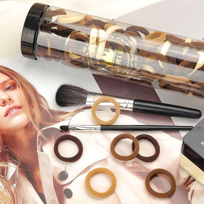 Brown Cotton Hair Ties - 100PCS Seamless Thick Elastic Ponytail Holders, No Crease, No Damage for Women, Kids, and Babies