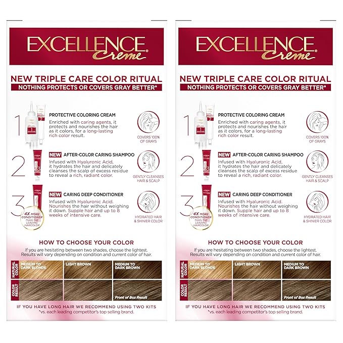 L'Oreal Paris Excellence Crème Permanent Hair Dye, Triple Care Hair Color with Pro-Keratine Complex for 100% Gray Hair Coverage, 6A Light Ash Brown, 1 Kit (Pack of 2)