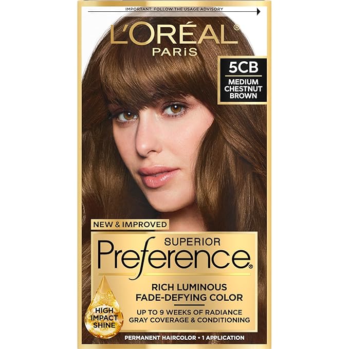 L'Oreal Paris Superior Preference Luminous Fade-Defying Permanent Hair Color, Hair Dye For Up to 9 Weeks of Radiance, Medium Chestnut Brown 5CB, 1 Hair Dye Kit