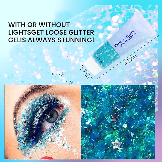 DAGEDA Body Glitter Gel, Face Glitters Body Gel Sequins Shimmer Liquid Eyeshadow, Chunky Glitter for Face Hair Nails, Holographic Cosmetic Laser Powder Festival Glitter Makeup 1.7oz (Lake Blue)