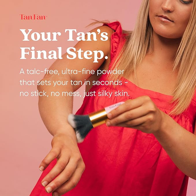 Self Tan Drying Powder Kit – Eliminates Sticky Self Tanner Feel – 100% Vegan Natural Talc-Free Light – Sets Sunless Tanner for Smooth Silky Skin w Brush & Pouch – USA Made (Coconut 3oz Setting Powder)