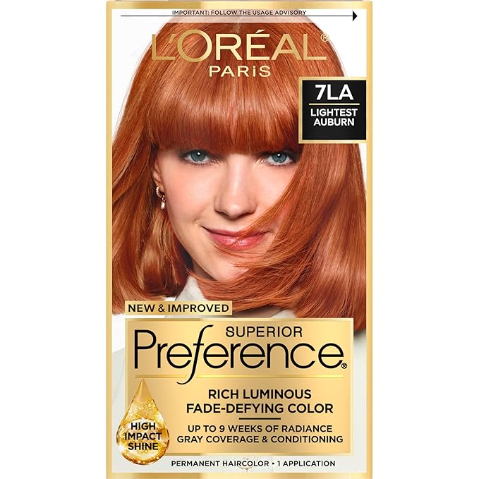L'Oreal Paris Superior Preference Luminous Fade-Defying Permanent Hair Color, Hair Dye For Up to 9 Weeks of Radiance, Lightest Auburn 7LA, 1 Hair Dye Kit