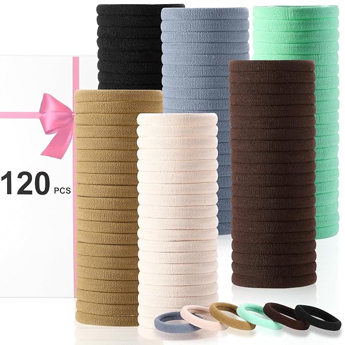 LuSeren 120 Pcs No Damage Hair Ties for Thick Hair, Large Soft Seamless Nylon Hair Elastics for Women, Ponytail Holders, Hair Accessories – Neutral Colors