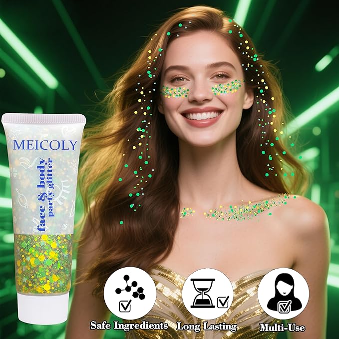 MEICOLY Gold and Green Face Glitter,Green Face Glitter,Gold Hair Accessories,Sparkle Halloween Body Glitter Makeup for Mardi Gras Carnival Festival Party,St Patricks Day Accessories