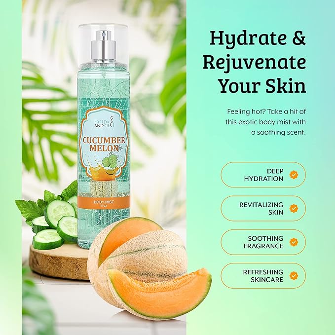 Cucumber Melon Fine Fragrance Body, Womens Perfume Fragrance Body Mist & Sprays, Women's Refreshing Scented Gifts & Presents 8 oz Fine Mist Spray Bottle