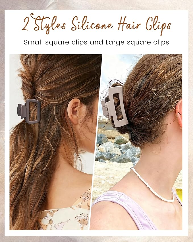 Mesovor 2 Styles Silicone Flexible Hair Claw Clips, 6 Pack Soft Bendable Hair Clips for Women | Rectangle Small Large Cozy Hairclips (Light Khaki, Dark Khaki, Coffee)