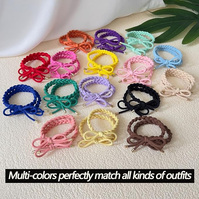 28 PCS Colorful Braided Hair Ties Bow Tie Hair Bracelets for Women Girls Elastic Hair Ties No Damage Ponytail Holders(14 Colors)