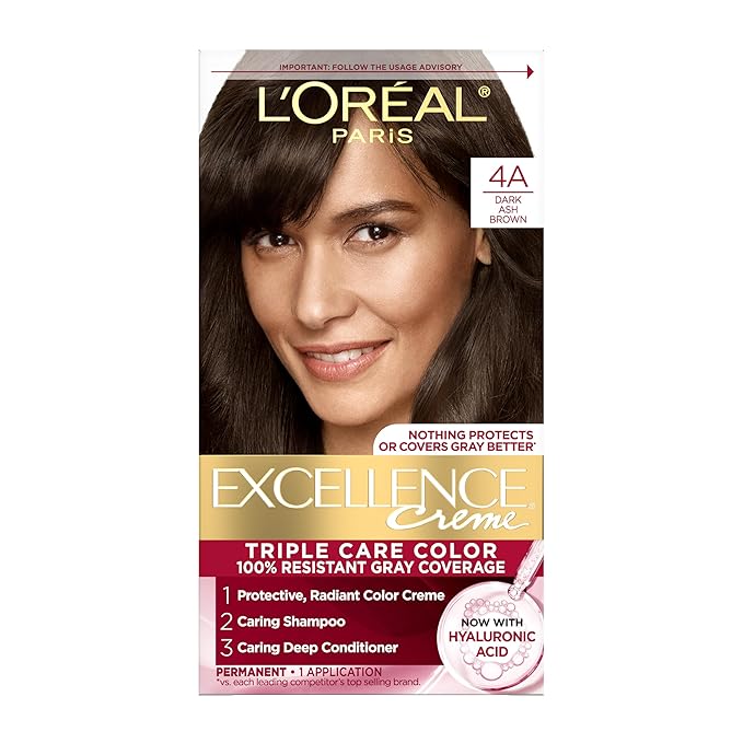 L'Oreal Paris Excellence Crème Permanent Hair Dye, Triple Care Hair Color with Pro-Keratine Complex for 100% Gray Hair Coverage, 4A Dark Ash Brown, 1 Kit