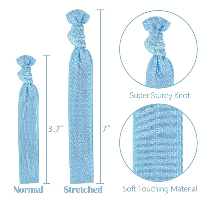 MEEDEE 100 Pack Light Blue Color Hair Ties For Women No Crease Soft Elastic Ribbon No Damage Blue Hair Ties Knotted Ouchless Hair Ribbon Yoga Hair Ribbons Elastic Bracelets