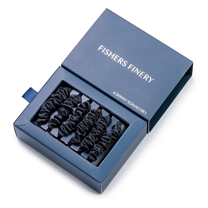 Fishers Finery 25 Momme Pure Mulberry Silk Black Scrunchies | Skinny Silk Hair Ties (Black 6 Pk)