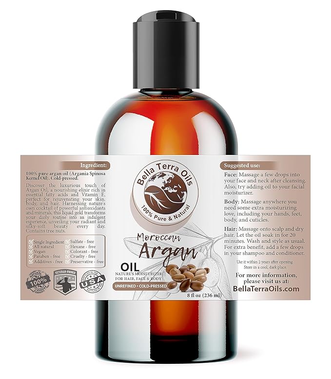Bella Terra Oils - Argan Oil 8 oz - Pure Moroccan Elixir, Enhances Shine in Hair, Deeply Nourishes Skin