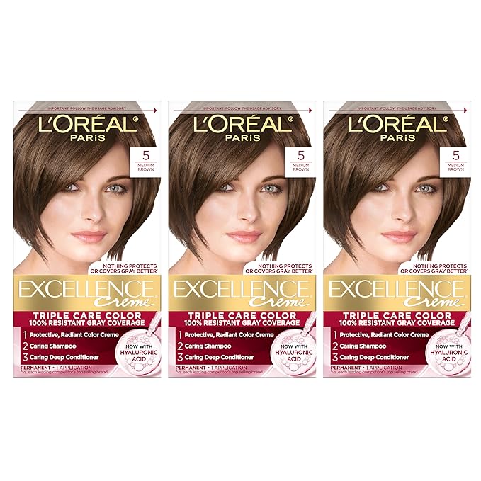 L'Oreal Paris Excellence Crème Permanent Hair Dye, Triple Care Hair Color with Pro-Keratine Complex for 100% Gray Hair Coverage, 5 Medium Brown, 1 Kit (Pack of 3)