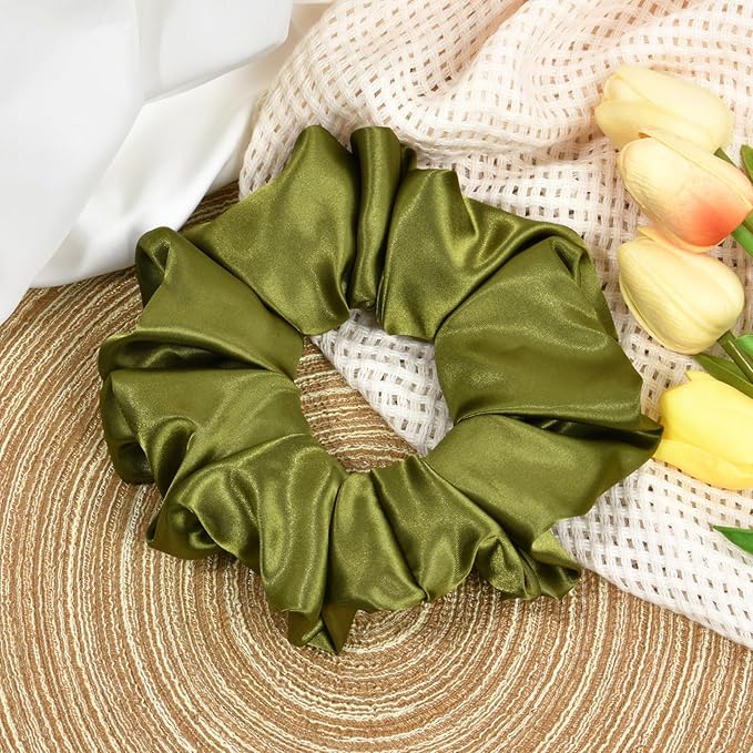 CEELGON Olive Green Big Satin Scrunchie6.5 Inches Jumbo Scrunchies Silky Hair Ties Oversized Ponytail Holderfor Thick Curly Hair Extra Large Hair Accessories for Women (Olive Green)