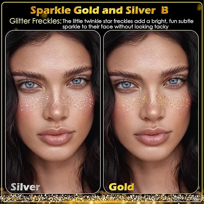 24pcs Gold and Silver Glitter Freckles Face Tattoo, Sparkle Freckles Temporary Face Tattoos, Body Face Glitter Makeup Patches Speckles, Waterproof Long Lasting Makeup Accessories for Women Girls