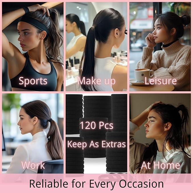 LuSeren 120PCS Black Hair Ties for Thick Hair – Seamless No Damage Elastic Ponytail Holders, Black Hair Band,Bulk Nylon Hair Elastics for Women