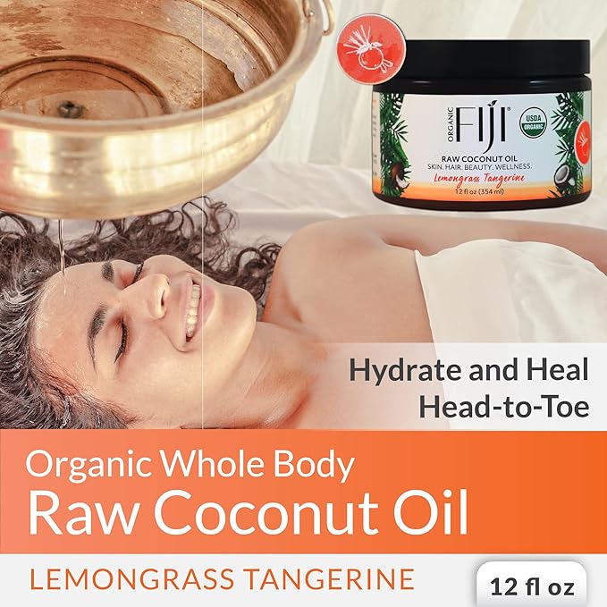 Organic Fiji Raw Cold Pressed Coconut Oil for Hair, Skin, Face & Body | Relaxing Massage Oil | Lemongrass Tangerine,12 oz for Women Men & Baby